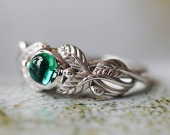 Emerald engagement ring, white gold emerald ring, leaves engagement ring, 14K gold ring, branch ring, nature ring, leaf ring, lab emerald