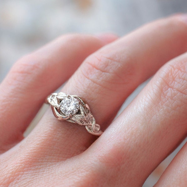 Nature inspired engagement ring, moissanite ring, synthetic diamond ring, white gold, leaves ring, unique ring for woman, manmade diamond