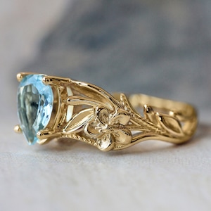 Aquamarine engagement ring, art nouveau ring, flower ring for woman, unique ring, 14K gold, anniversary gift for wife, nature engagement