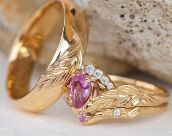 Wedding bands set for couple, Palm Leaf High Polish Wedding Band for Him, Bridal Ring Set with Pink Sapphire for Her, 14K or 18K Gold