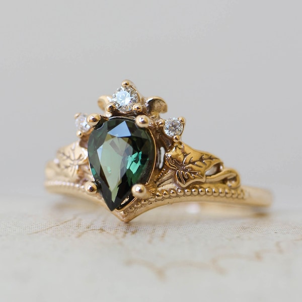 Anillo de compromiso de zafiro verde, anillo de zafiro y diamantes, anillo de compromiso de la naturaleza, anillo de zafiro verde, anillo de pan de oro, anillo de hiedra, 14K, 18K