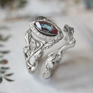 Art nouveau engagement ring set, alexandrite engagement ring, stacking wedding band set, diamond halo engagement ring, white gold ring set
