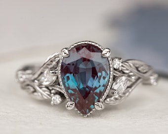 2.3 ct Pear Alexandrite Engagement Ring, Nature Inspired White Gold Leaves Ring, Diamond Promise Ring, Fantasy Proposal Ring in 14k 18k Gold