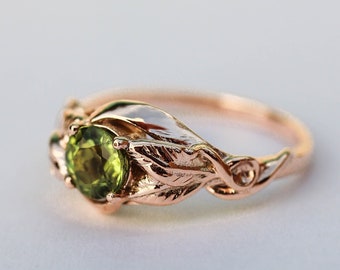Rose gold peridot engagement ring, nature proposal ring, leaves ring, unique ring for women, leaf engagement jewelry, August birthstone
