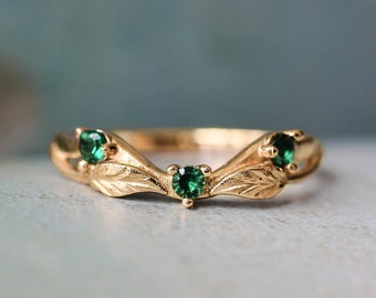 Lab created emerald ring, recycled gold wedding band, nature inspired ring, leaves engagement ring, branch ring, leaf ring, 14K, 18K gold