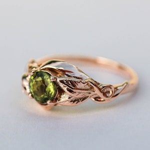 Rose gold peridot engagement ring, nature proposal ring, leaves ring, unique ring for women, leaf engagement jewelry, August birthstone