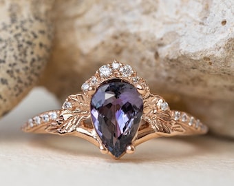 SOFORT LIEFERBAR, Größe 7 Us, Tansanit Ring mit Gold winzigen Blättern und Diamanten, Natur inspirierter Fantasy Verlobungsring, Elbische Ringe