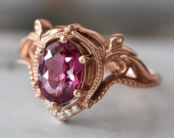 Rhodolite garnet engagement ring, rose gold and diamonds ring, art nouveau engagement ring, floral ring, stacking ring, pink gemstone ring