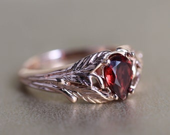 Garnet engagement ring, rose gold leaves ring, nature ring for woman, unique engagement ring, gift for wife, teardrop garnet ring