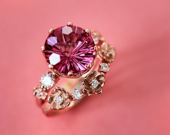 Outstanding bridal ring set, statement engagement ring, pink topaz ring, diamond wedding band, flower ring, unique ring for woman, rose gold