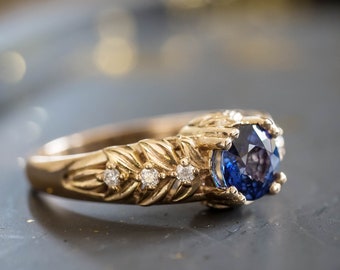 Natural Sapphire Ring with Leaves and Tiny Diamonds, Nature inspired Alternative Engagement Ring, Dark Blue Sapphire ring 14K or 18K Gold