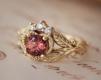 Pink tourmaline engagement ring, unique ring for woman, leaf engagement ring, Celtic ring, alternative engagement ring, tourmaline rings