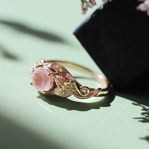 Rose quartz engagement ring, solid gold ring, leaves ring, ring for woman, unique ring, rose gold wedding band, romantic ring, nature ring image 4