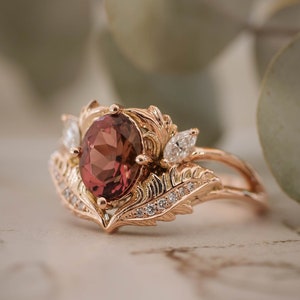 Botanical engagement ring, pink tourmaline ring, nature inspired ring, oval engagement ring, 14K rose gold leaves ring, gold leaf ring