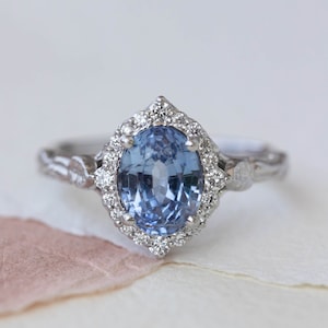 2 carat Oval Blue Sapphire Nature Inspired Engagement Ring Diamond Halo Sapphire Ring, White Gold Anniversary Ring for Women, 14K 18K Gold image 1