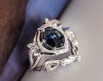 Blue sapphire engagement ring set, 14K gold ring, sapphire and diamonds ring, unique bridal ring set, art nouveau ring, white gold ring