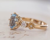 Yellow gold aquamarine ring, flower engagement ring, nature inspired ring, aquamarine diamond engagement ring, gold floral wedding band