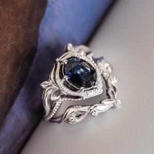 Blue sapphire engagement ring set, 14K gold ring, sapphire and diamonds ring, unique bridal ring set, art nouveau ring, white gold ring