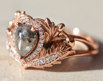 Salt and pepper engagement ring, grey diamond ring, halo pear cut engagement ring, statement ring, nature inspired ring, botanical ring gold