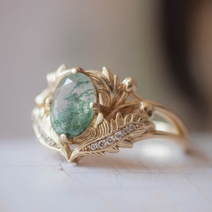 Moss agate engagement ring, nature inspired ring, leaves ring, moss agate and diamonds ring, gold leaf ring, 14K 18K, leaf engagement ring