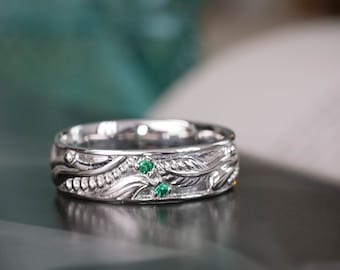 Mens emerald ring, emerald wedding band for man, lab emerald ring, nature wedding ring for man, white gold wedding ring, emerald ring