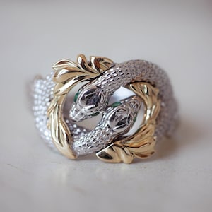 Ring of Barahir, two tone gold ring, two snakes ring, emerald ring, unique ring for man, gold serpent ring, gift for him, lord of the ring