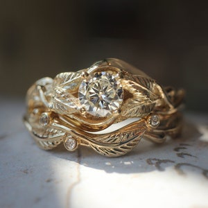 Leaf bridal ring set, engagement ring, moissanite ring, twig wedding band, branch ring, gold leaves ring, stacking rings set imagem 1