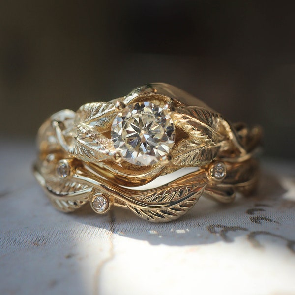 Leaf bridal ring set, engagement ring, moissanite ring, twig wedding band, branch ring, gold leaves ring, stacking rings set