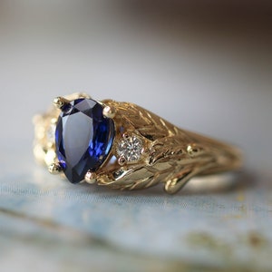 Blue sapphire and diamonds engagement ring, leaf ring, natural diamond, lab sapphire, leaves ring, nature jewelry, unique ring for woman