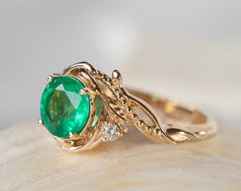 READY TO SHIP: Size 7Us, Natural Emerald Engagement Ring, Nature inspired Leaf Ring, Fantasy Engagement Ring for Bride, Elvish Gold Ring