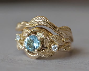 Bague de fiançailles elfique, bague aigue-marine avec diamants et bande de brindille assortie, ensemble de bagues en or jaune, bagues inspirées de la nature