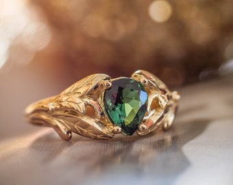 Green tourmaline engagement ring, nature inspired ring, leaves ring, unique engagement ring, gold leaf ring, unique ring for woman, elvish