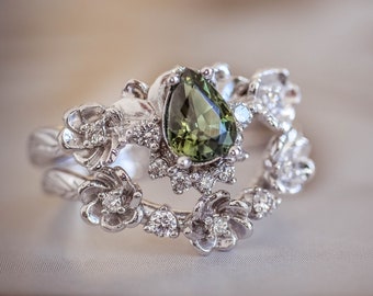Green sapphire & diamonds ring set, flower engagement ring, white gold diamond ring, nature inspired ring, ring for woman, wedding ring set