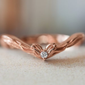 Chevron wedding band, diamond wedding band for woman, stacking ring, curved ring, nature wedding ring, leaf ring, rose gold diamond ring