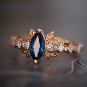Marquise sapphire engagement ring, gold leaf ring, sapphire & diamonds ring, leaves ring, nature inspired engagement ring, lab sapphire ring
