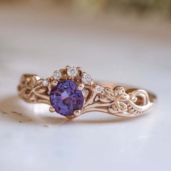 Color Changing Alexandrite Engagement Ring, Fantasy Wedding, Purple Elvish Ring, Celtic Motifs Gold Ring, Clover Leaves Engagement Ring