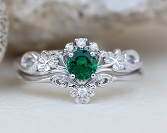 Elvish Irish Celtic Engagement Rings, Lab created Emerald Engagement Ring Set with Matching Wedding Band, 2pcs Bridal Set Ring Unique