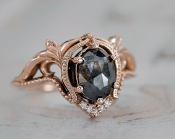 Salt & pepper engagement ring, fantasy engagement ring, nature inspired grey diamond bridal ring set, black diamond engagement ring, 14K