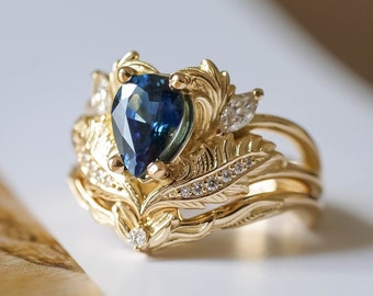 Royal Blue Sapphire Bridal Set rings unique, Sapphire Engagement ring & Diamond Leaf Wedding Band, Wedding Ring Set for Women 14k / 18k Gold