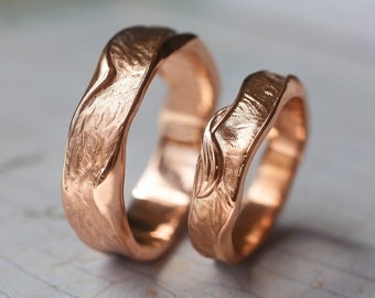 Textured wedding bands set, 14K rose gold rings, wedding rings set his and hers, rustic ring, unique rings for couple, melted rings, unusual
