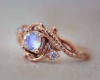 Anillo de piedra lunar de oro rosa, anillo de piedra lunar y diamantes, anillo de estilo vintage, oro de 14K, anillo de compromiso de hoja, anillo art nouveau, anillo único para mujeres