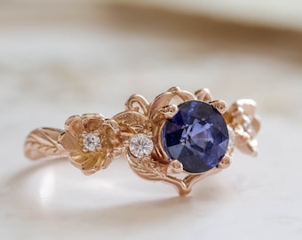 Flower Engagement Natural Sapphire Ring with Leaves & Diamonds, Nature inspired Alternative Engagement Ring, Fairy Bride Ring 14K / 18K Gold