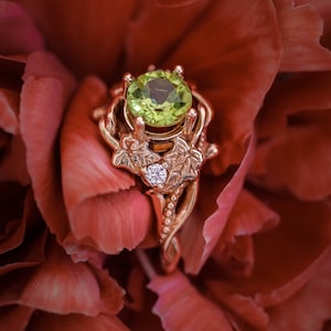 Ivy leaves engagement ring, peridot ring, nature inspired ring, gold leaf ring, elvish ring, peridot diamonds ring, fantasy engagement ring image 1