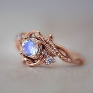 Moonstone ring rose gold, moonstone & diamonds ring, vintage style ring, 14K gold, leaf engagement ring, art nouveau ring, unique ring women