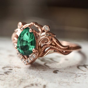 Lab emerald and moissanite ring, unique engagement ring, pear cut ring, leaves ring, emerald engagement, art nouveau ring, ring for woman image 1