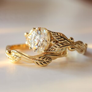 Oval Lab Grown Diamond Engagement Ring Set, gold bridal set, Twig and Leaf engagement ring, nature wedding band, 1 carat simulated diamond