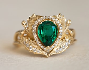 1 Carat Lab Emerald Engagement ring with Diamond Halo, Nature Inspired Ring, Gold Leaves Ring, Fantasy Engagement Ring, 14K 18K Gold