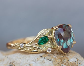 Colour Changing Alexandrite Engagement Ring with accents lab Emeralds and Moissanites, Nature Inspired Gold Leaves Ring, Purple gem Ring