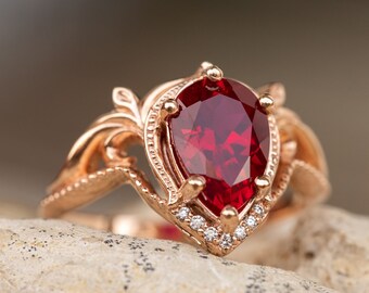 READY TO SHIP, Sizes 6-8 Us, Lab Ruby and Diamonds Engagement Ring, Ornate Baroque Engagement Ring, Vintage Inspired Rose Gold Ring