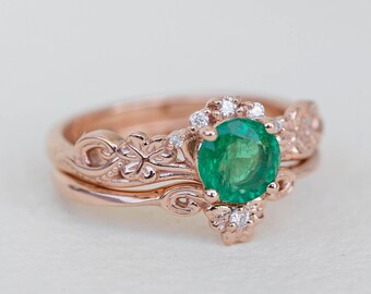 Elvish Celtic Engagement Rings, Natural Emerald Engagement Ring Set with Matching Diamond Wedding Band, 2pcs Bridal Set Ring Unique